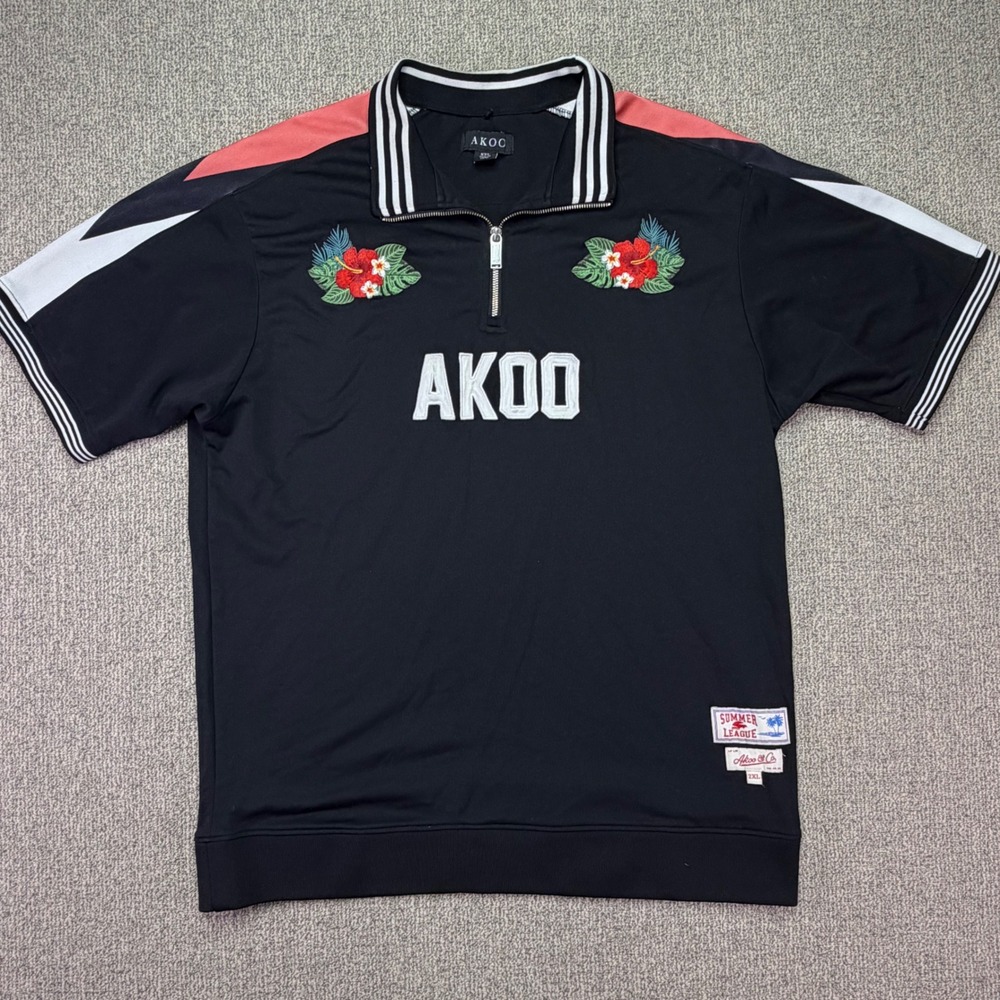 Akoo Summer League Hibiscus Embroidered Black Quarter Zip Polo Shirt Mens 2XL